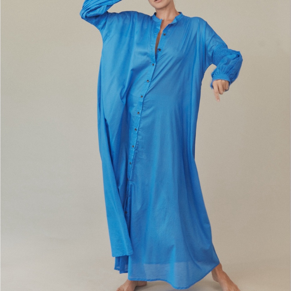 ACACIA Swimwear Mara Maxi Dress in Bay Blue Cotton Summer Bright Turquoise XS/S